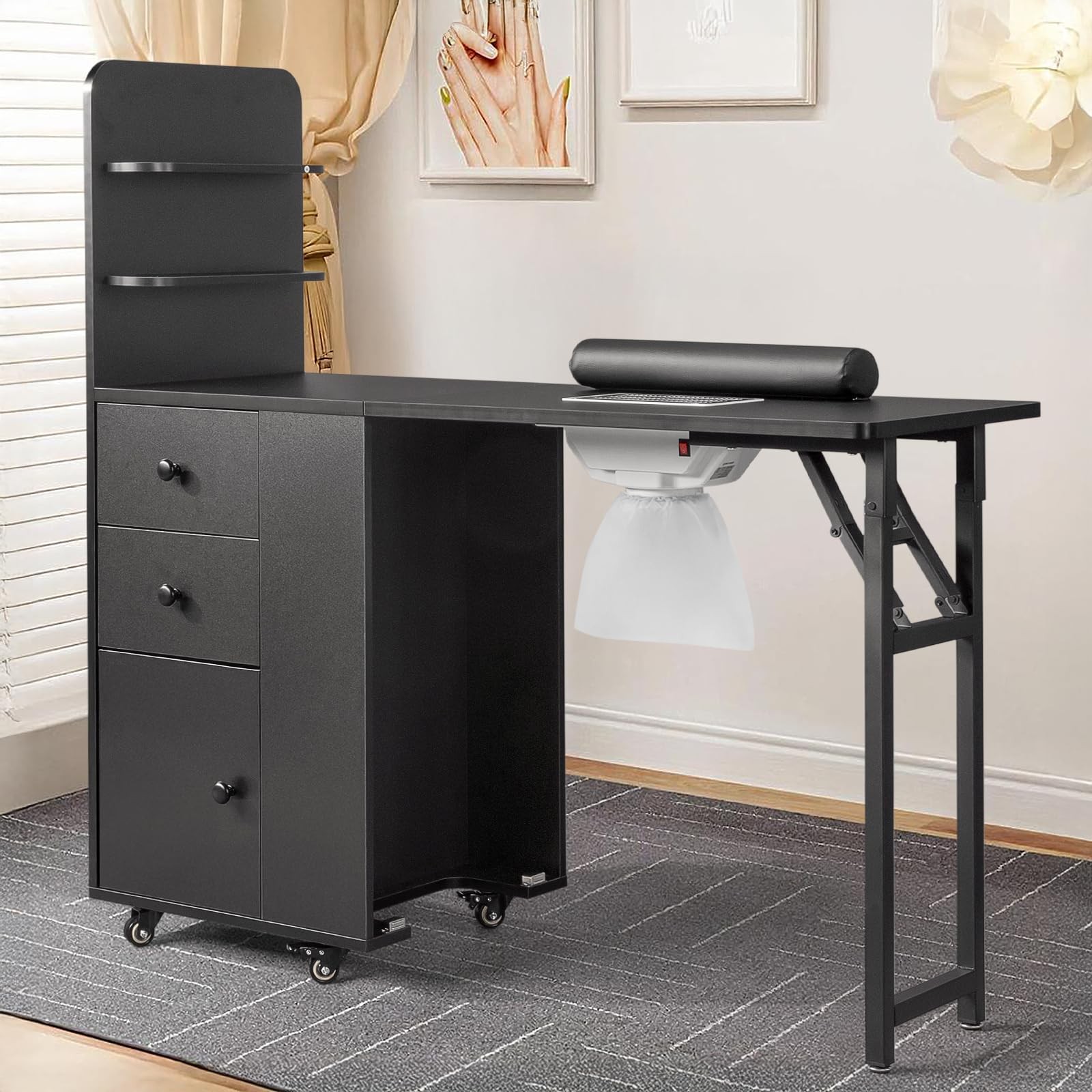 All-in-One Foldable Nail Table with Electric Dust Collector, Cabinet, Wrist Rest