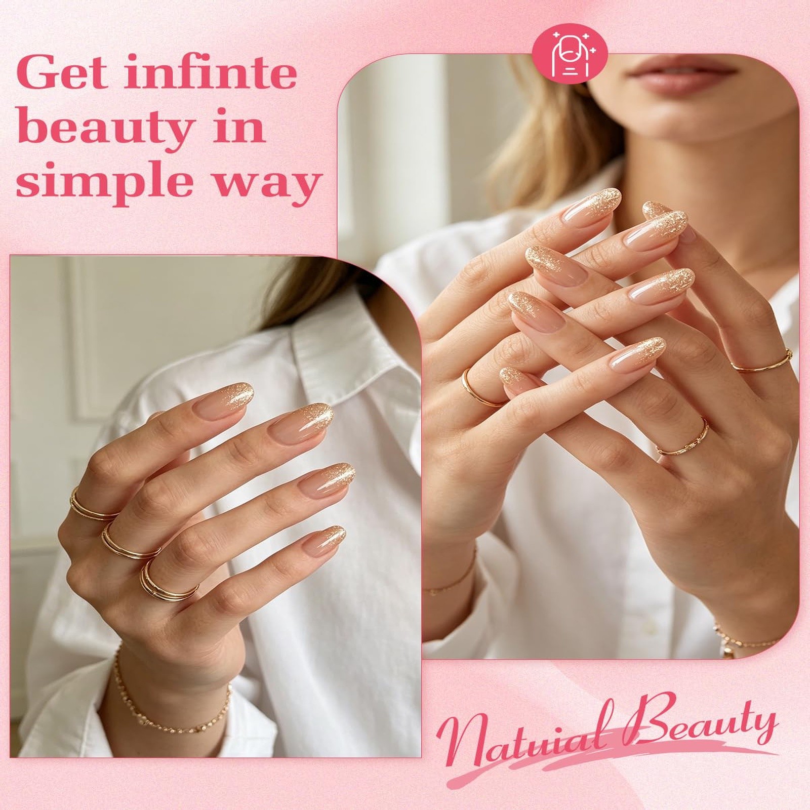 Skiennix Almond Press On Nails Gold Glitter Ombre French