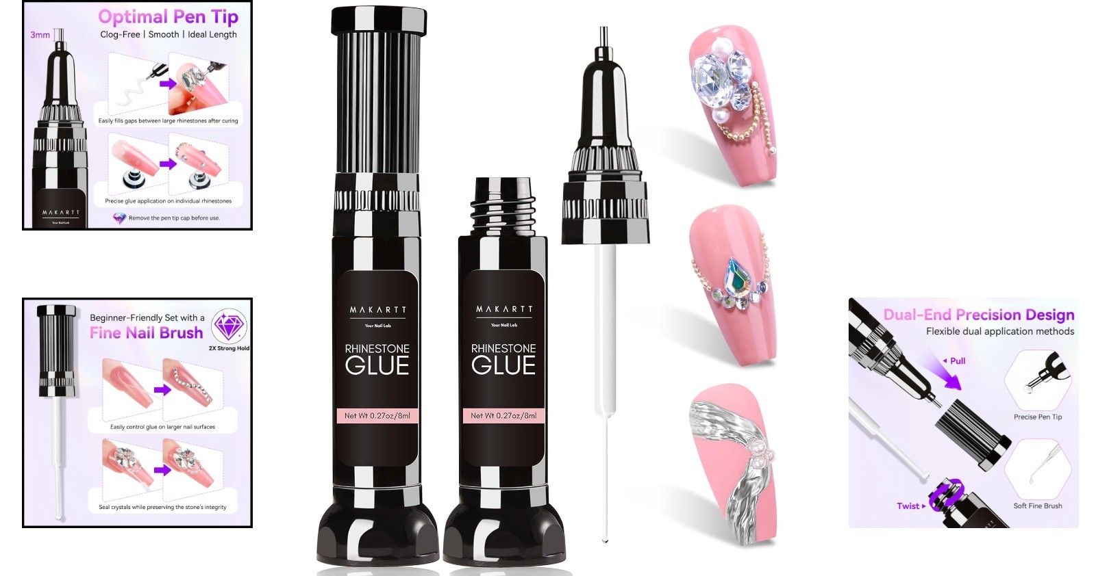 Super Strong Rhinestone Glue Gel for Nail Art – Dual Tip Design, 2x8ml