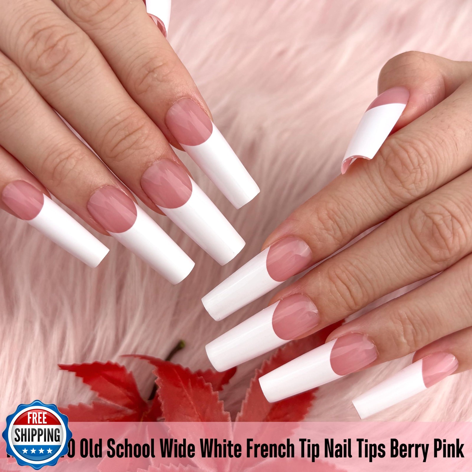 NOVO OVO Old School Wide White French Tip Nail Tips Press on, Long Tapered Sq
