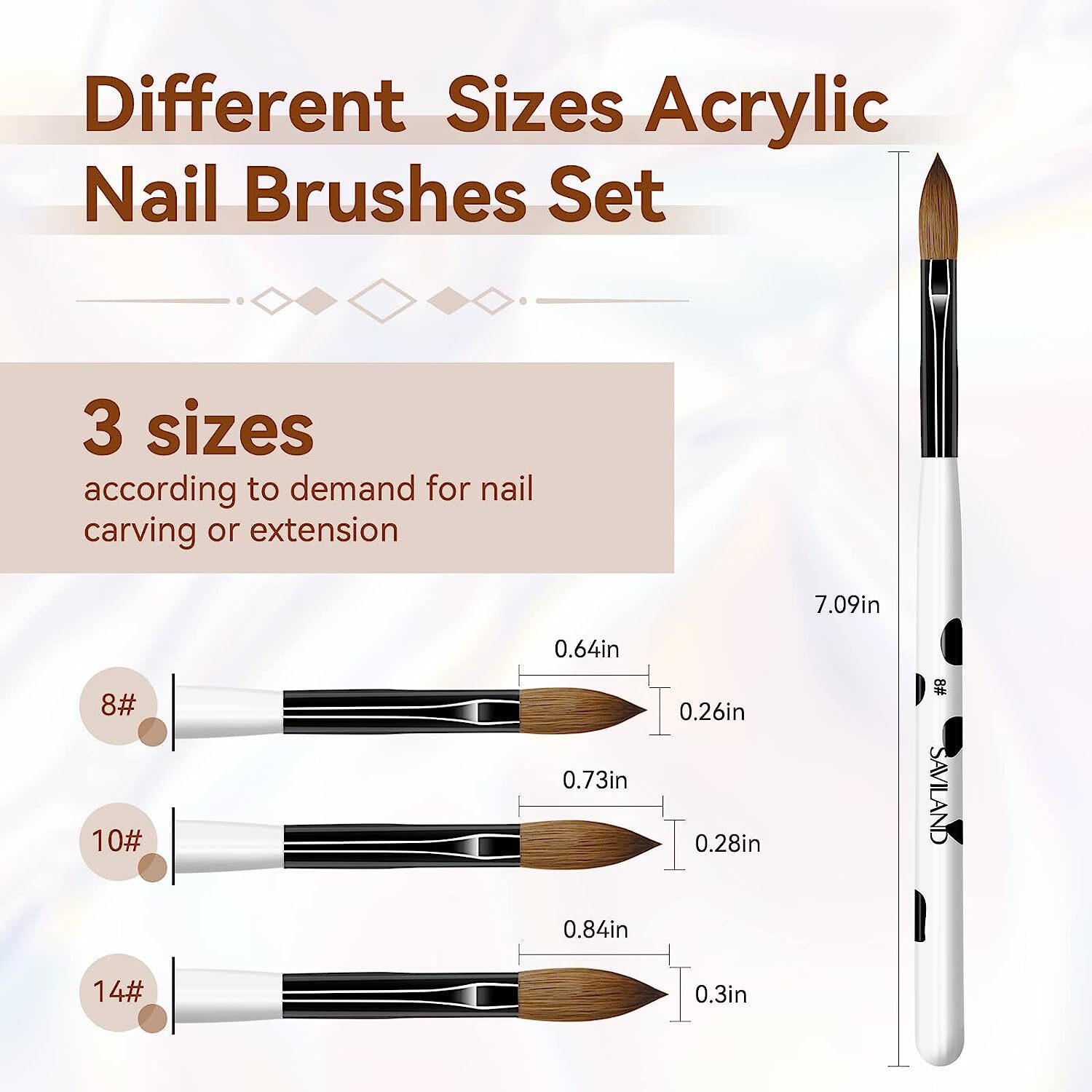 Saviland 3pcs Acrylic Nail Brush Set Size 8/10/14 Kolinsky Acrylic Nail Brushe