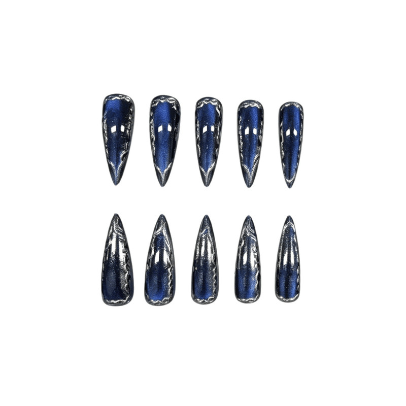 48pcs Stiletto Press on Nails, Royal Blue Mirror Silver Rim Luxury Nails