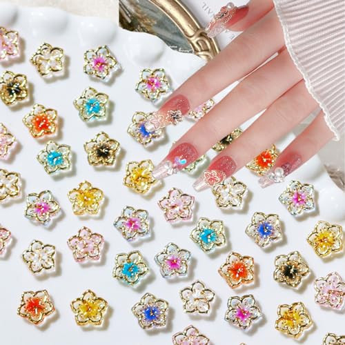 50Pcs Flower Nail Charms 3D Lovely Flower Charms Nail Rhinestones Gold Edge