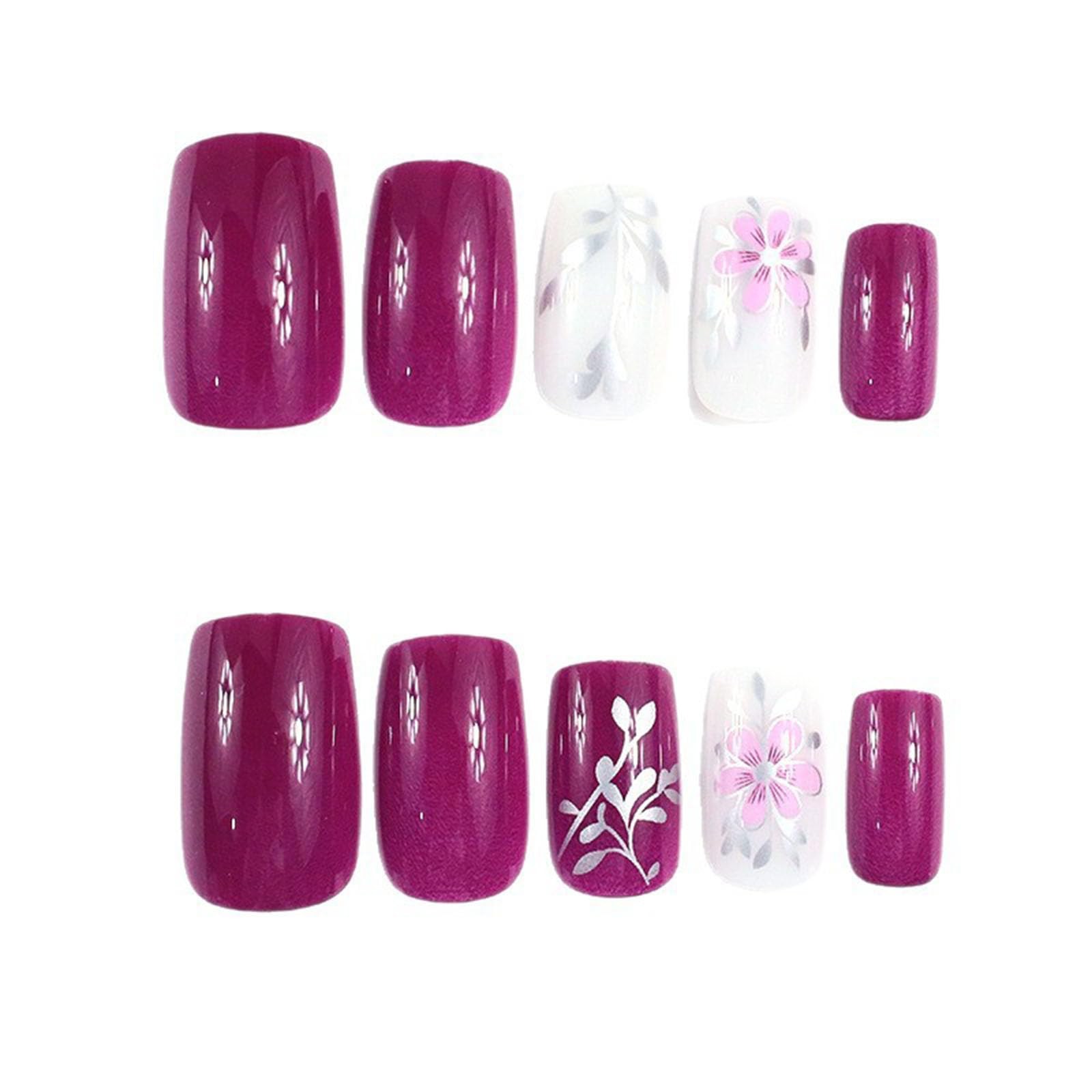 Square Press on Nails Medium Fake Nails with Silver Leaves Pink Flower Design…