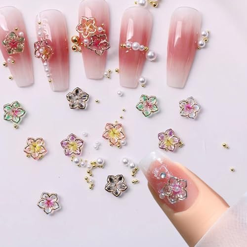 50Pcs Flower Nail Charms 3D Lovely Flower Charms Nail Rhinestones Gold Edge
