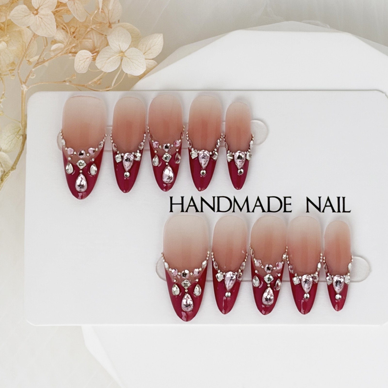 Red Brown Ombre Press-On Nails with Rhinestone Band Luxury Handmade Almond Nails