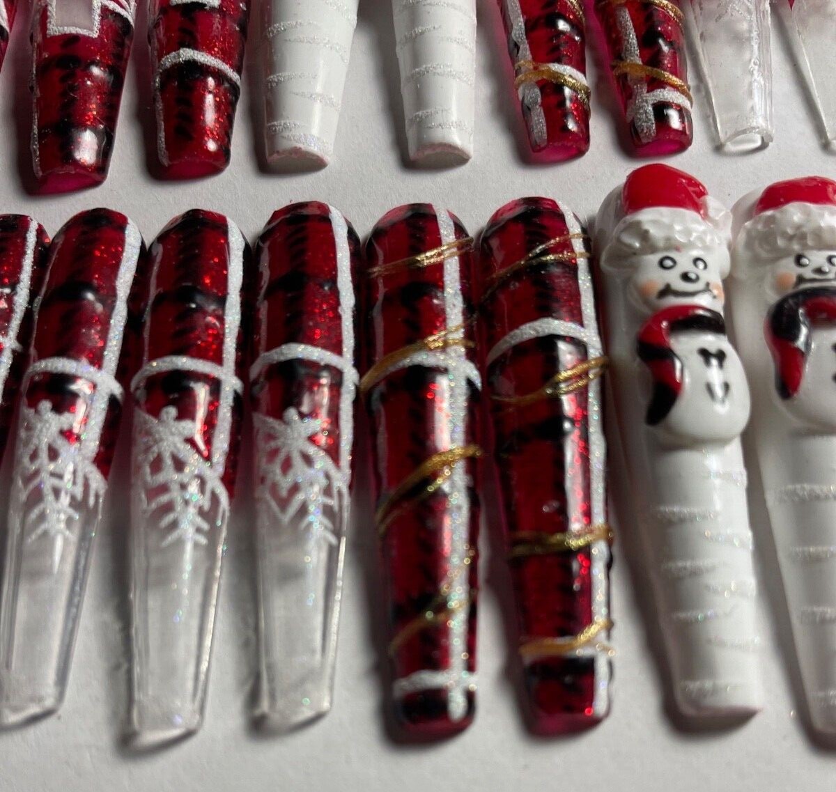 press on nails custom 24 3XL Christmas tree snowman 3-D coffin plaid red sparkle