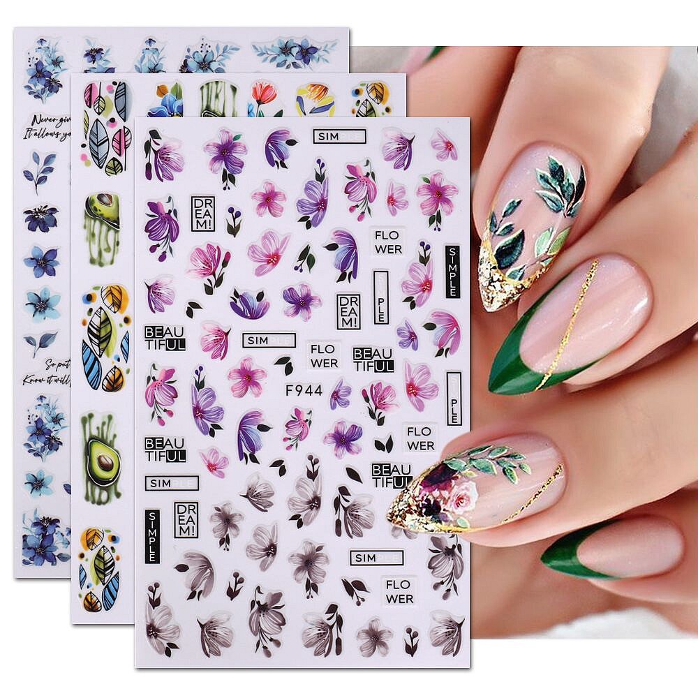 Flowers Camellia Nail Stickers Geometric Line Floral Leaf Daisy Rhododend Decals