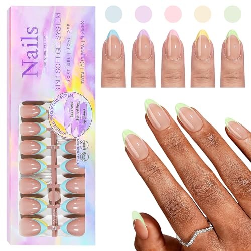 French Gel Nail Tips, 150Pcs Almond French Tip Press on Nails with Pre