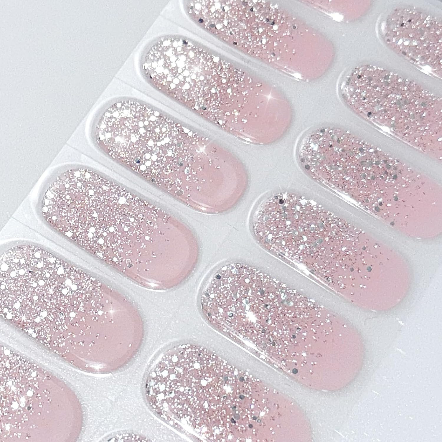 JMEOWIO Gel Nail Stickers Glitter Light Pink Cured Gel Nail Strips Wraps UV/LED
