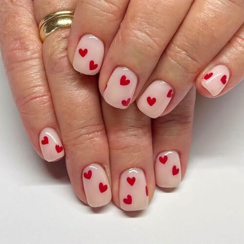 Valentine’s Day Press on Nails Short Square Fake Nails French Tips Nails Pink