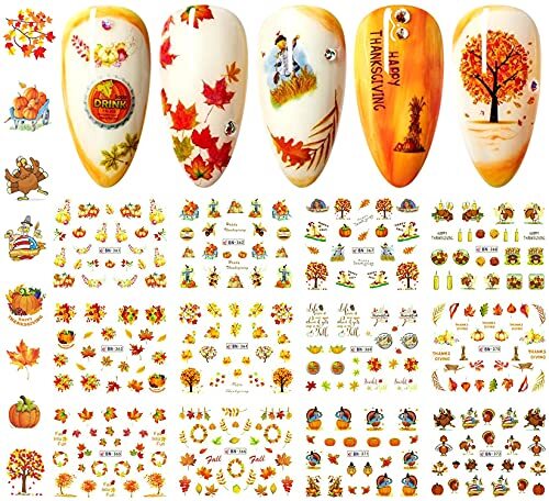 12 Sheets Fall Nail Art Stickers Thanksgiving Nail Decals Water Transfer A2