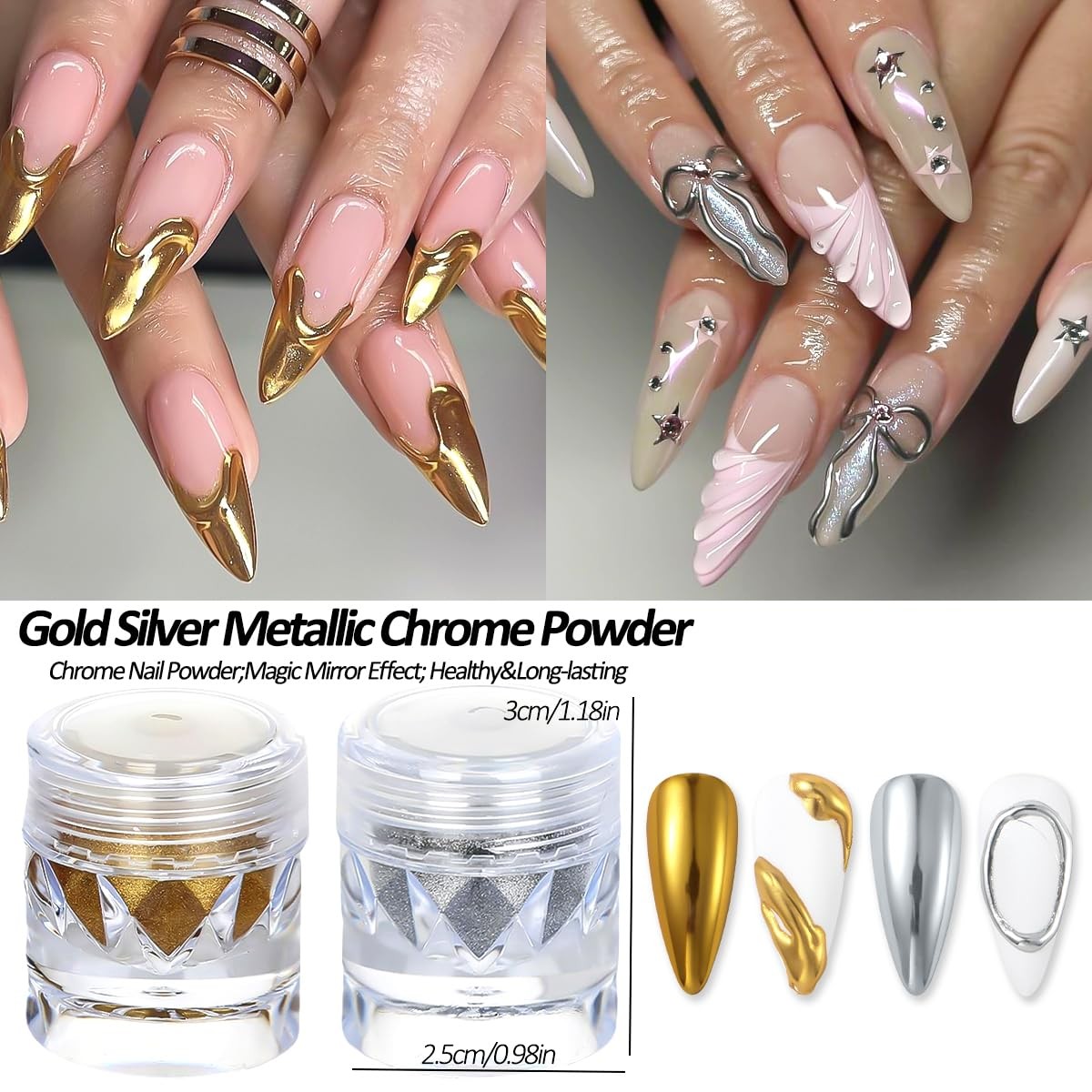 Chrome Nail Powder Metallic Gold And Sier, Magic Mirror Effect Pient
