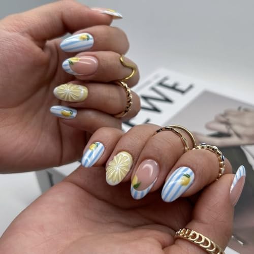 Summer Press On Nails Oval – Cute Blue Striped & Yellow Lemon Short – Color37