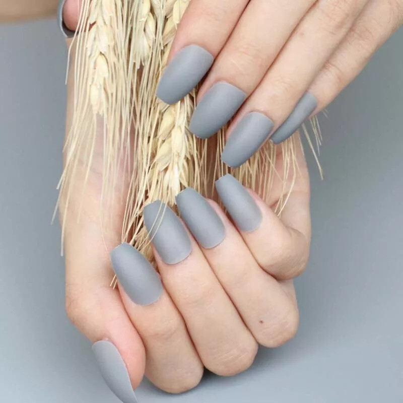 24 Medium press on nails kit w glue matte gray light grey ghostly