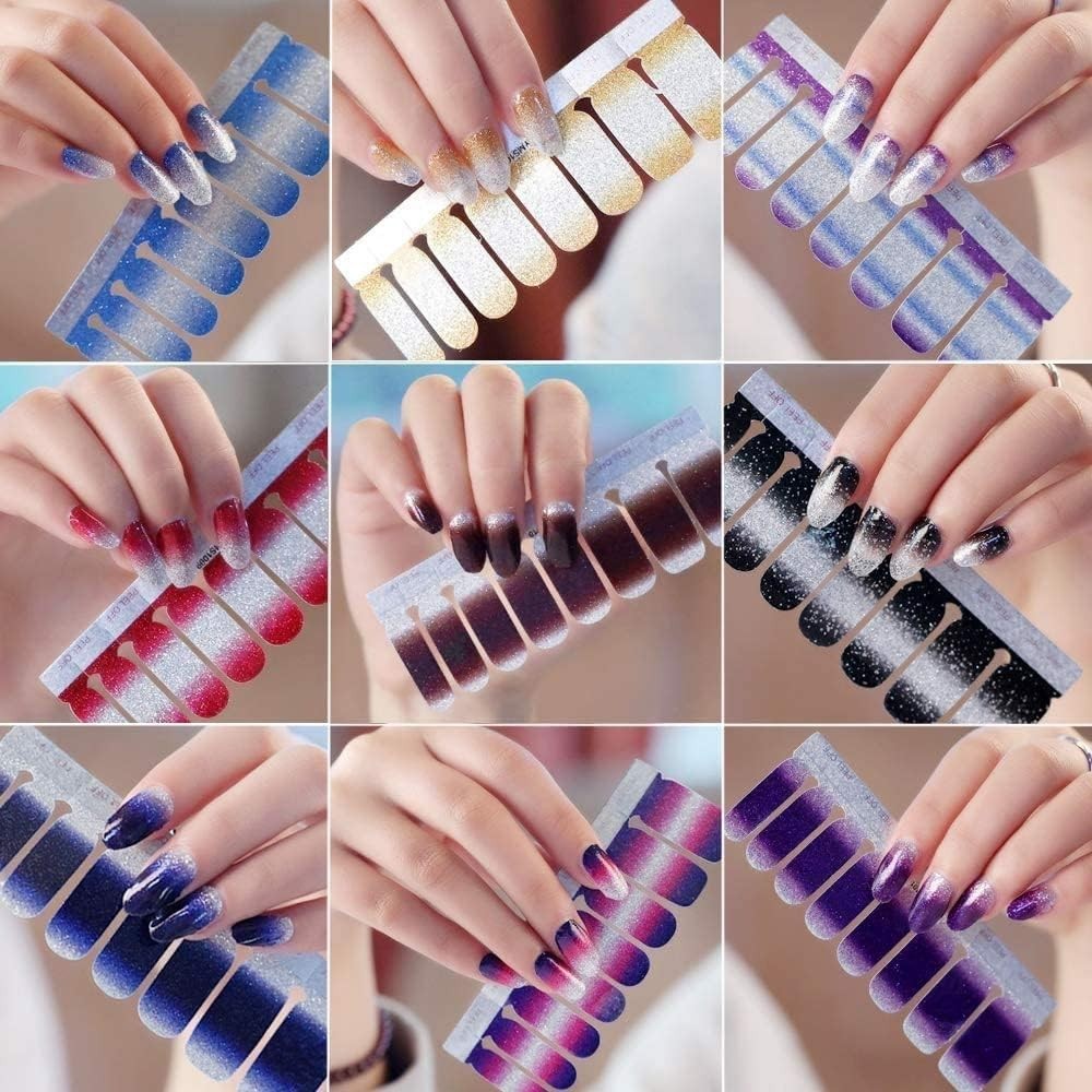 14 Sheets Nail Stickers Glitter Gradient Color Shine Full Nail Wraps Gel Nail…