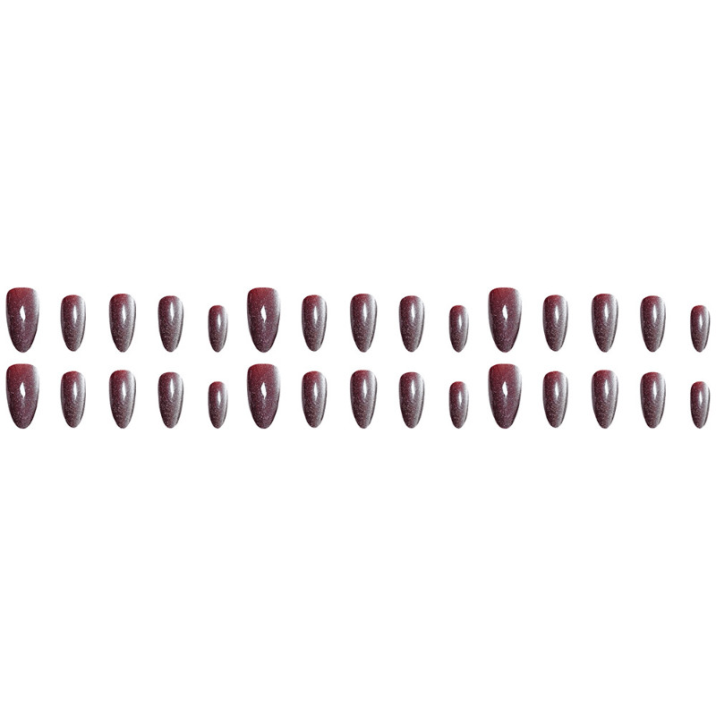 48 Pcs Wine Red Cat Eye Press on Nails, Medium Almond Metallic Shiny Fake Nails