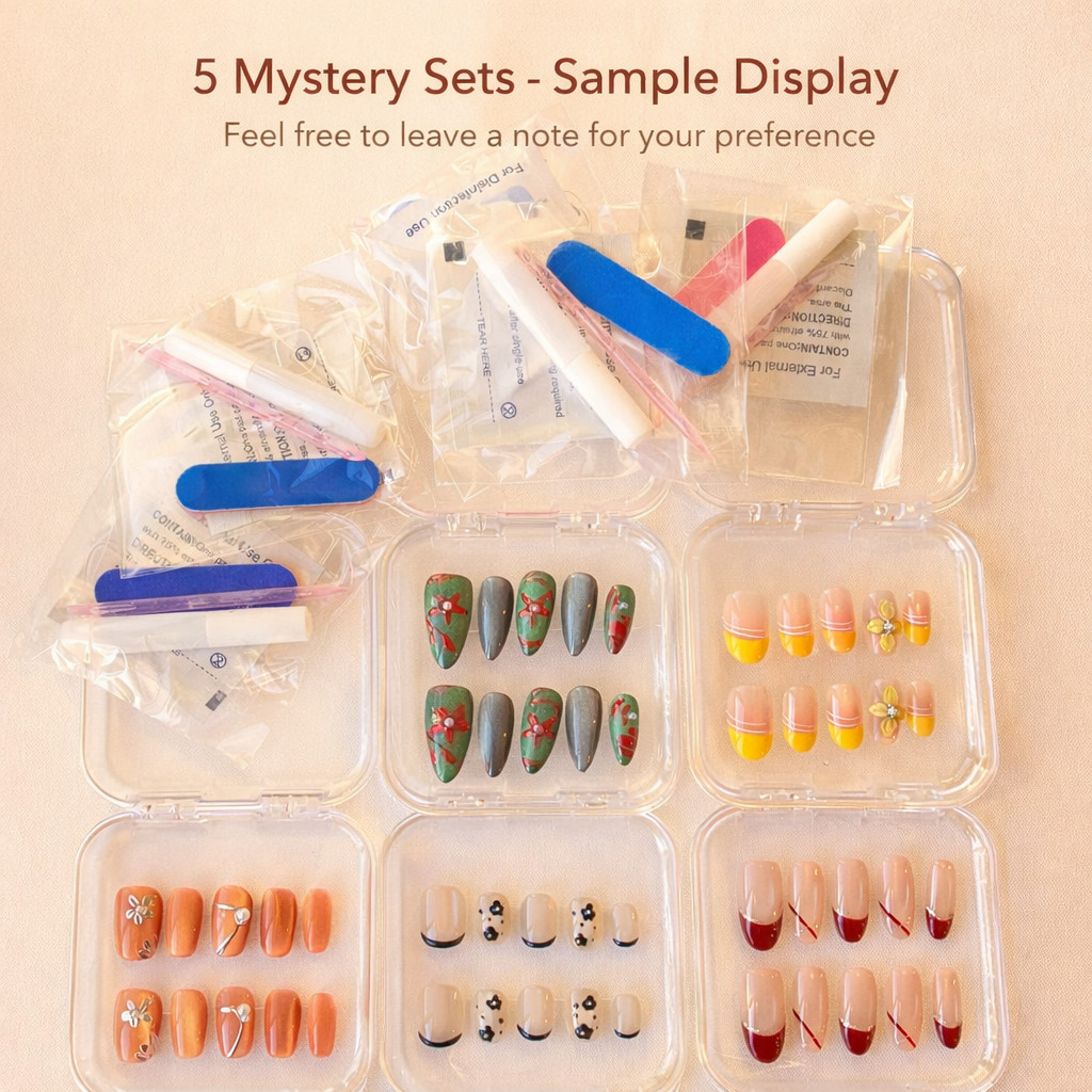 5 Sets Mystery Press-On Nails | Handmade Reusable Fake Nails |Random Styles Gift