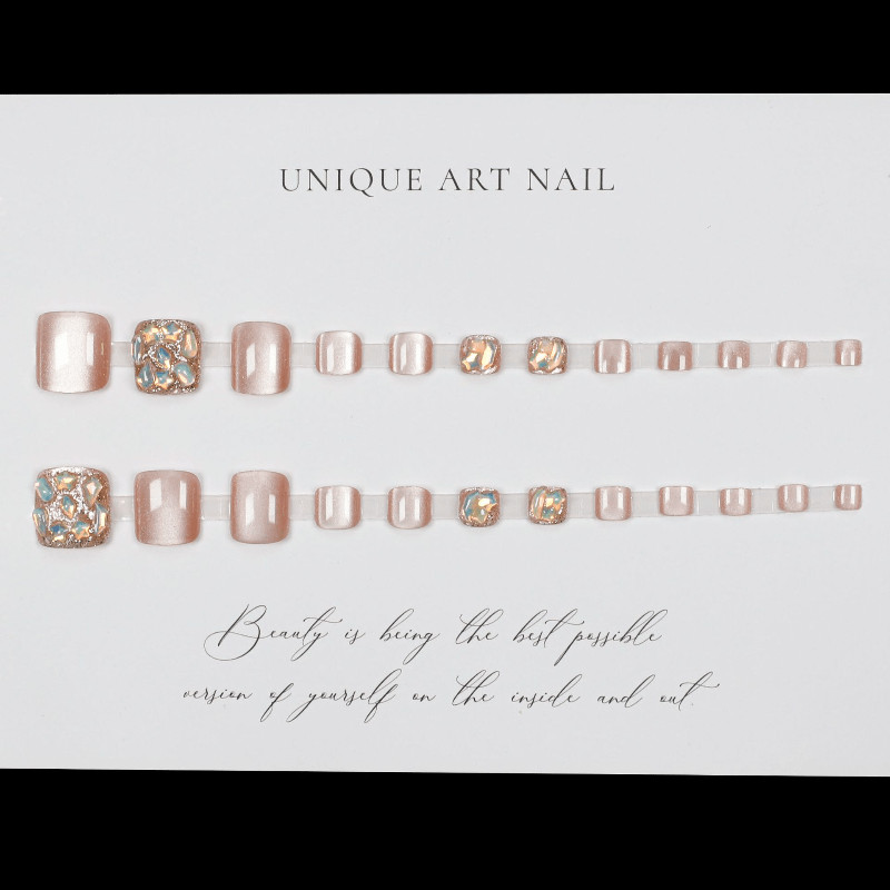 48 Pcs Pink Glitter Cat Eye Toe Press on Nails, Short Square Sparkly Fake Nails