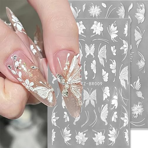 White Lace Flower Butterfly Nail Art Stickers 3D Flower Nail Stickers for Nail