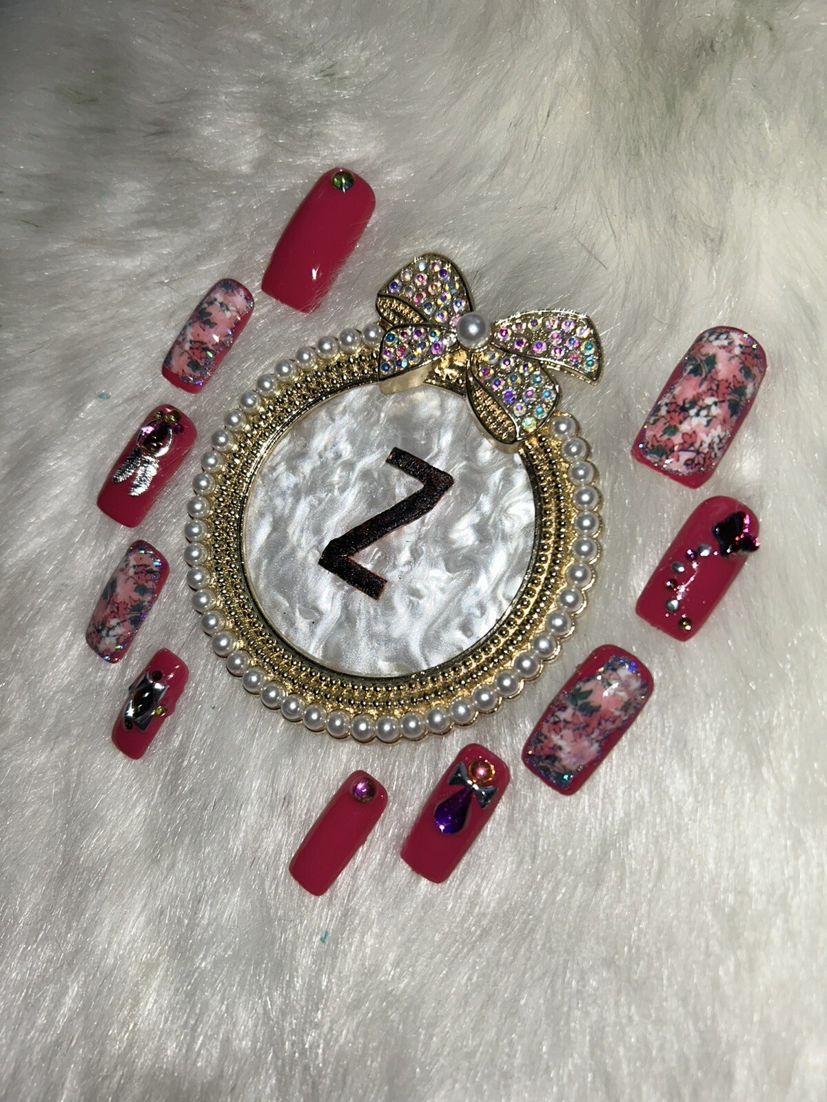 Z NAILZ! Handmade Dark Pink M Square Floral Transfer Bling Press On Nails