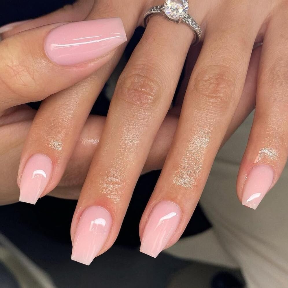 KQueenest Gel Press on Nails Coffin Shape, Solid Light Pink, Short Medium Le…