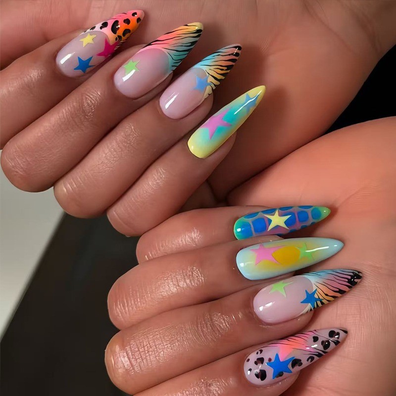 48pcs-Playful Summer Press on Nails, Medium Almond Tie-Dye & Star Acrylic Nails