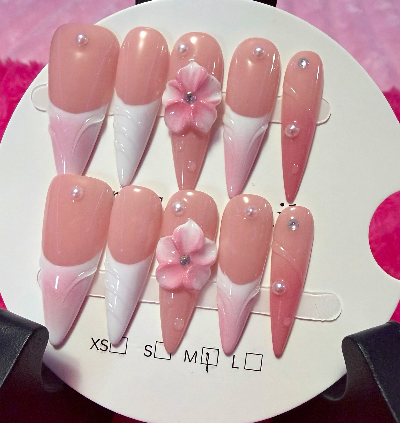 Pink/White 3D Flower Shiny Stiletto Press-On Nails, Long, Pre-Designed medium
