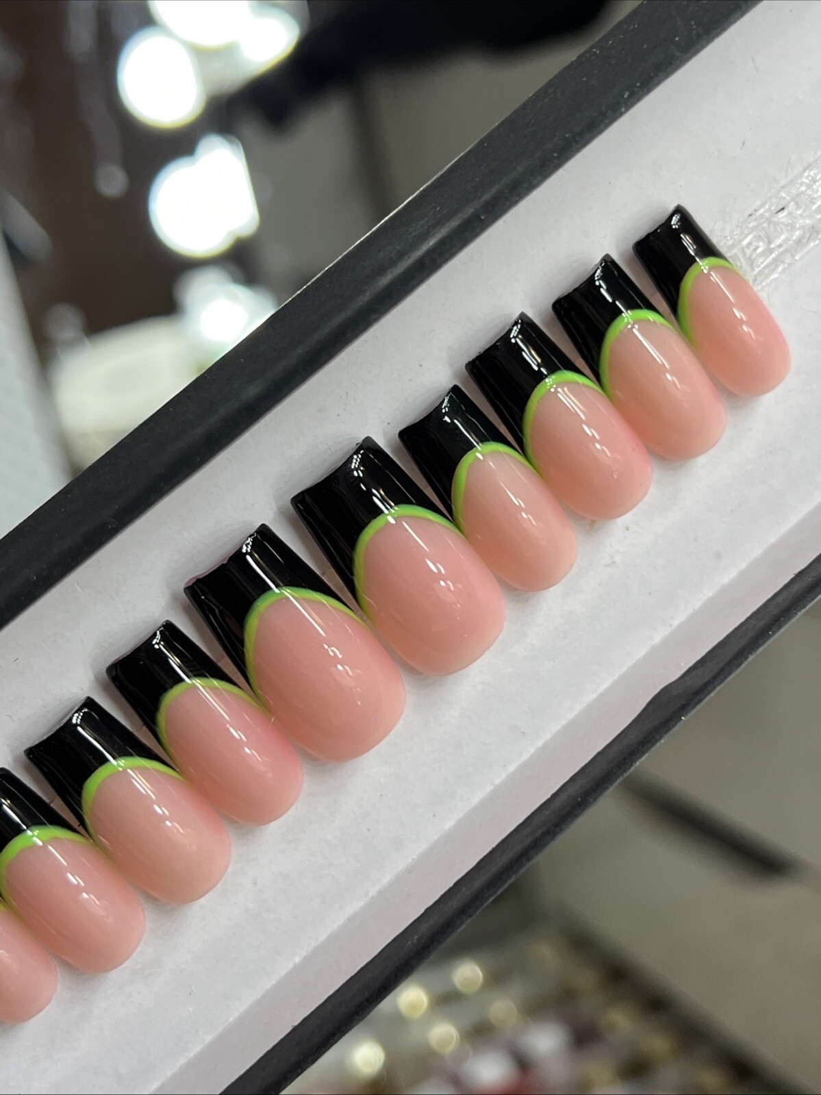💚🖤 CUSTOM Press On Nails FRENCH BLACK GREEN BLING 10p SET W Kit