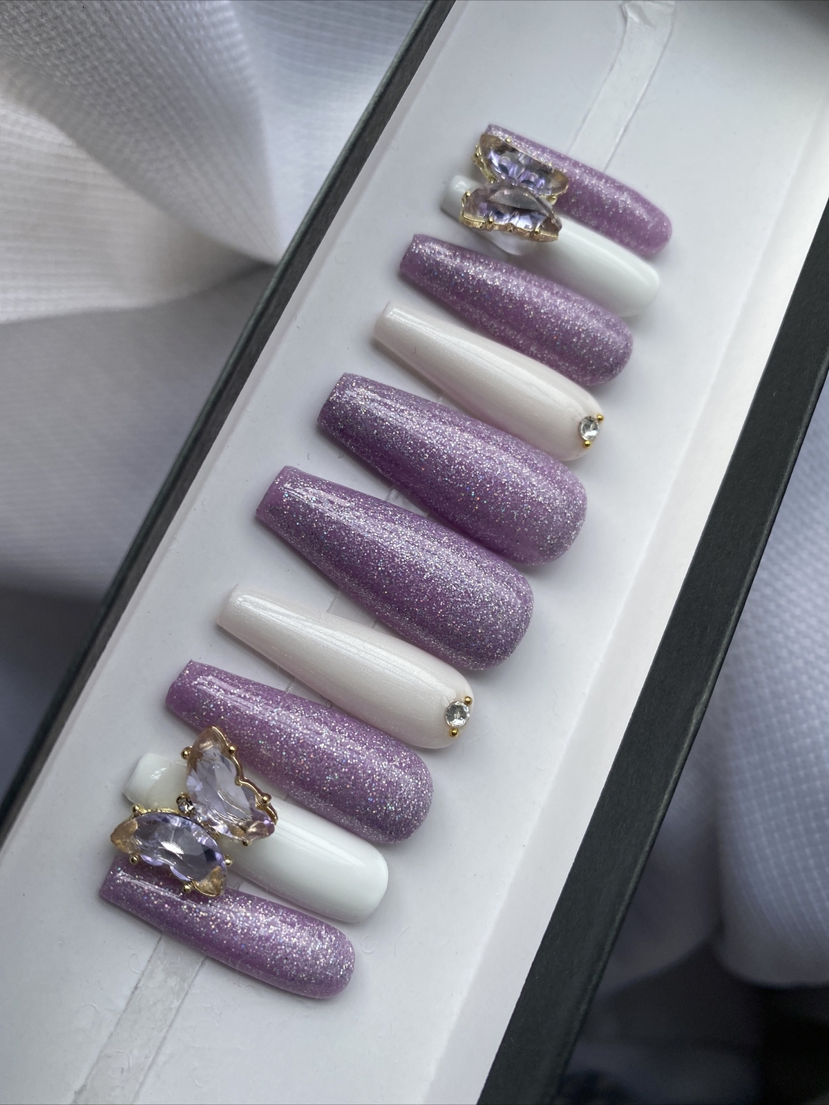 🔥CUSTOM Gel Press On False Nails, PURPLE BUTTERFLY 10p Set With Full Kit NEW