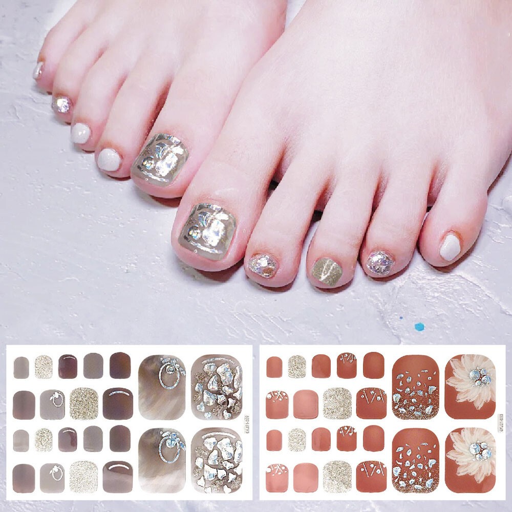 22 Tips Nail Art Glitter Flower Toe Nail Wraps Full Cover Polish Foot Stickers