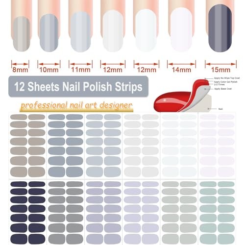 12 Sheets Nail Stickers Full Nail Wraps Solid Color Nail Polish Stickers Gray