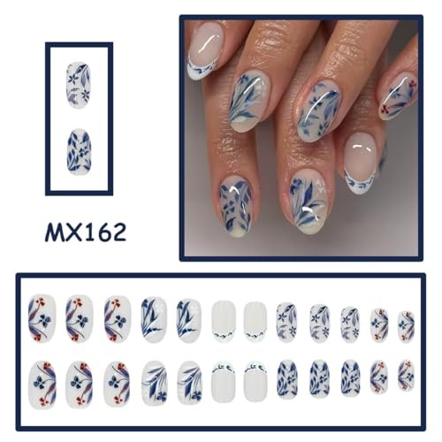 Oval Press on Nails – Blue Porcelain Flower & White French Tip – R-48