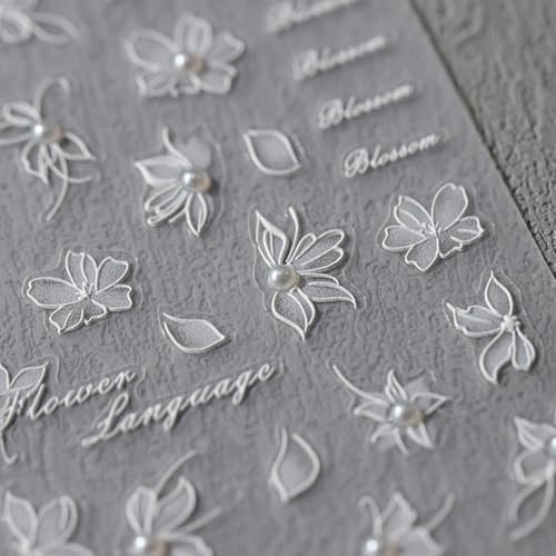 5D Embossed White Flower Nail Art Stickers Pearl Flower Nails Stickers Style-14