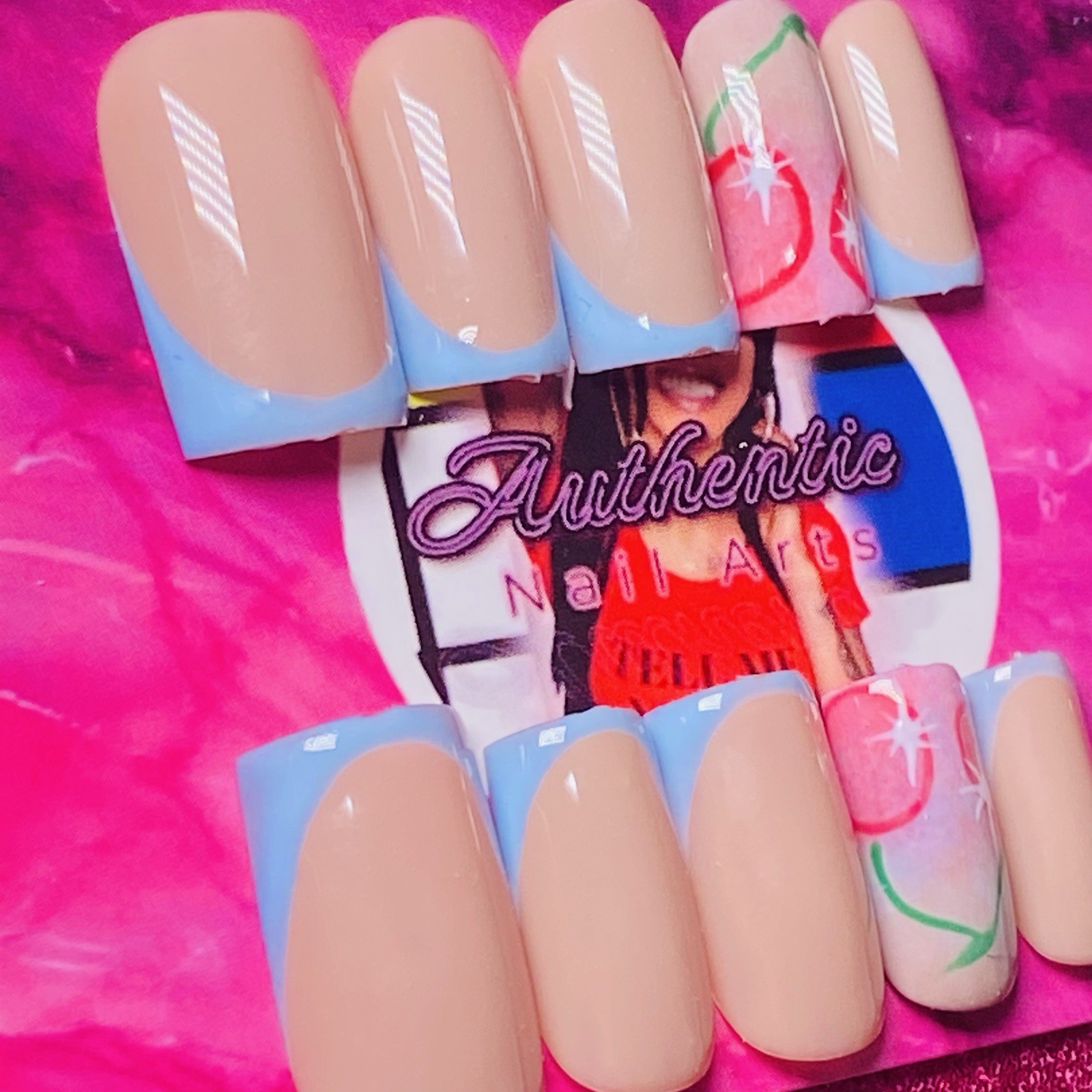 Square Press-On Nails Nude Blue French Shiny Fruit Set by Authentic Nail Arts