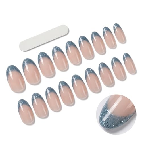 Denim Blue Glitter Jeans – Short Tip – Press on Nails – Blue Jean