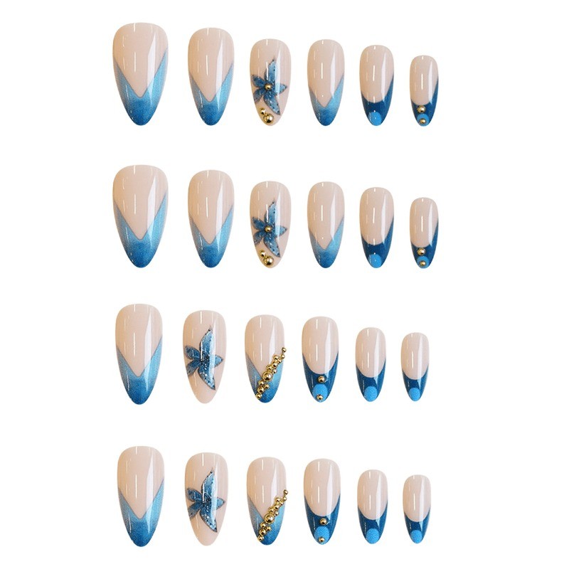 48 Pieces of Light Blue Gold-plated Flower Removable Nails, Suitable for Women