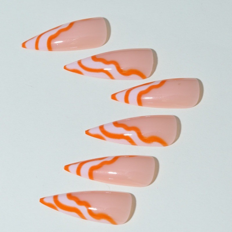 48pcs-Nude Stiletto Nail with Ombre Orange Tips and Hand-Painted White Swirl Art