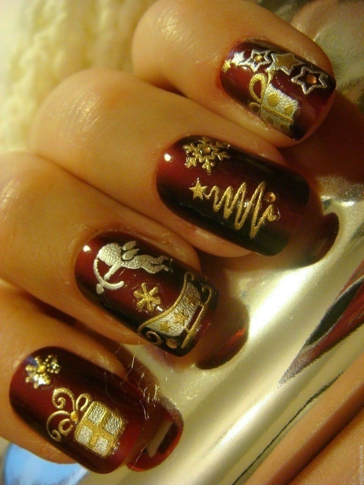GOLD SILVER XMAS 3D Nail Art Stickers White Black Snowflakes Angels Reindeer