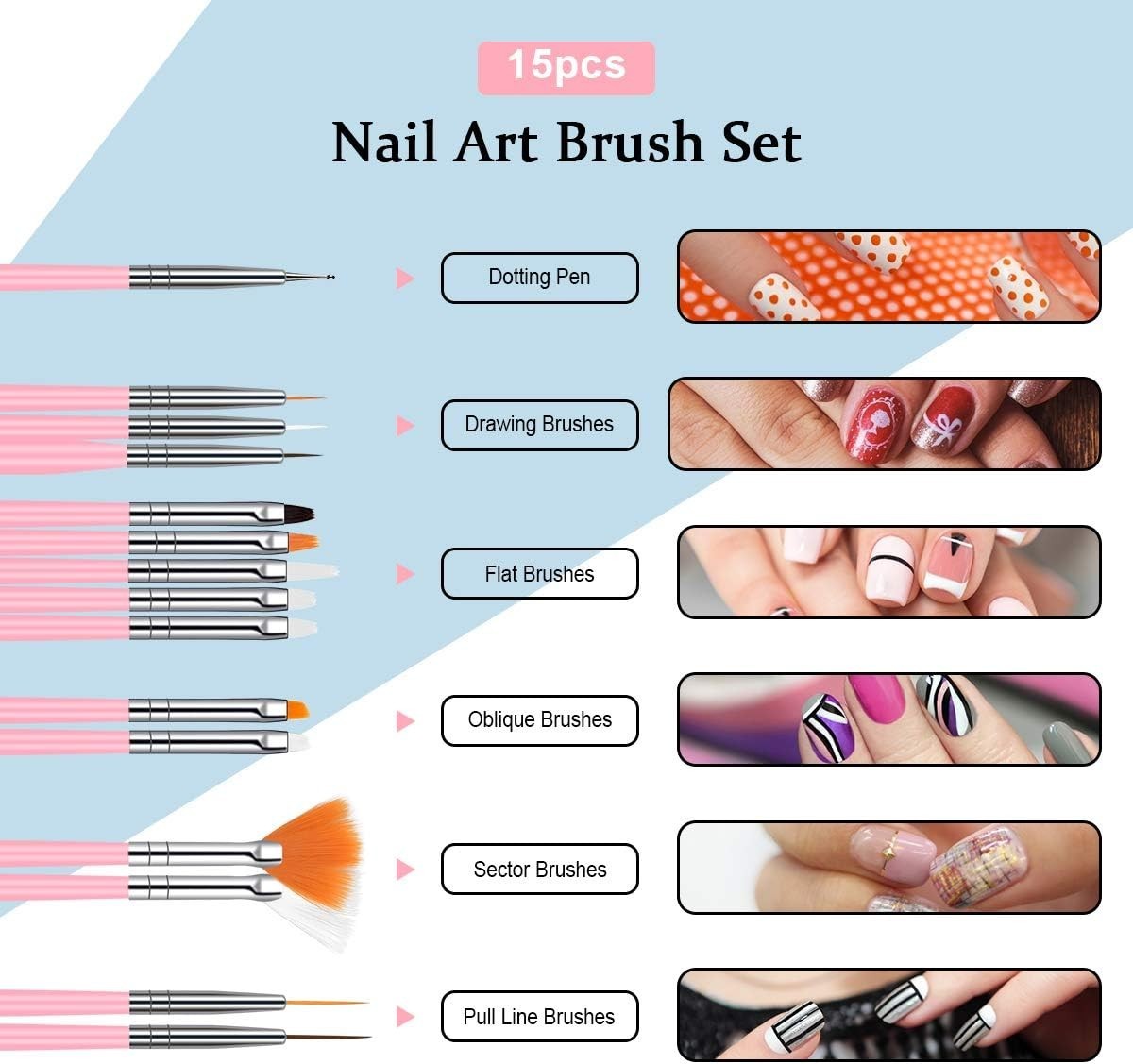 15PCS Gel Nail Art Brushes Set Manicure Dot Nails Set for Diy & Professional Use