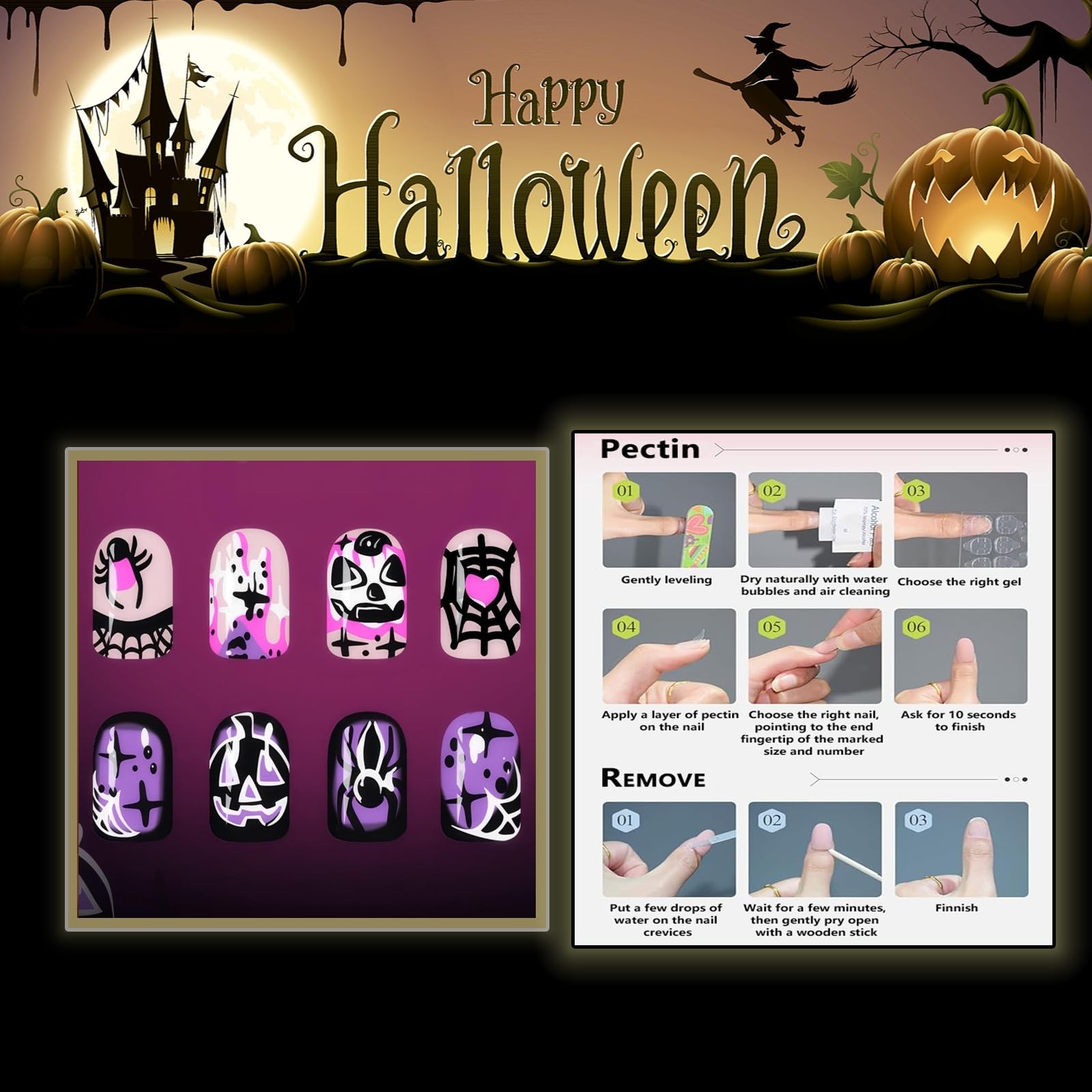Short Square Press on Nails Halloween Fake Nails Spider French Tip Design Fal…