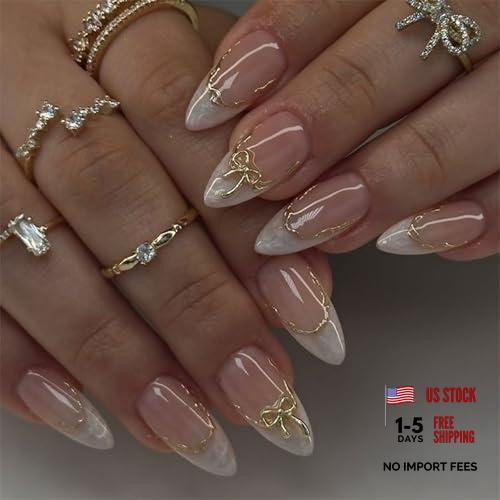 Almond-Nude-9 French Tip Press on Nails – Medium – Glossy – 26-Almond – Medium