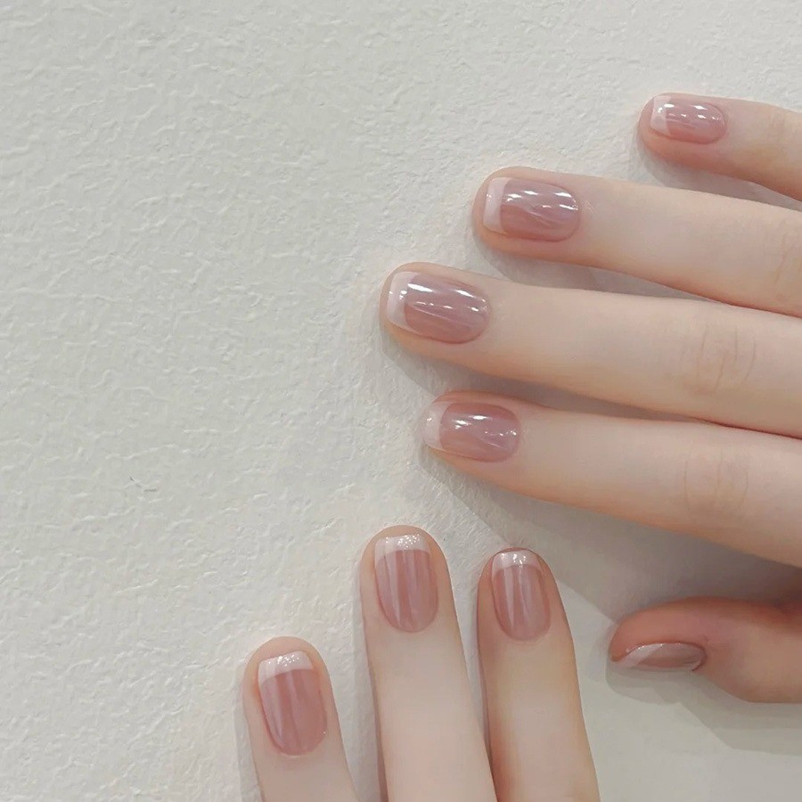 48 Pcs White French Nude Short Square Press on Nails, Glossy Minimal Fake Nails