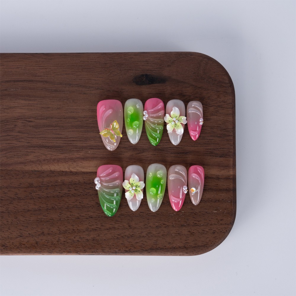 Handmade Press On Nails High Quality Pink Green Gradient Floral Almond Fake Nail