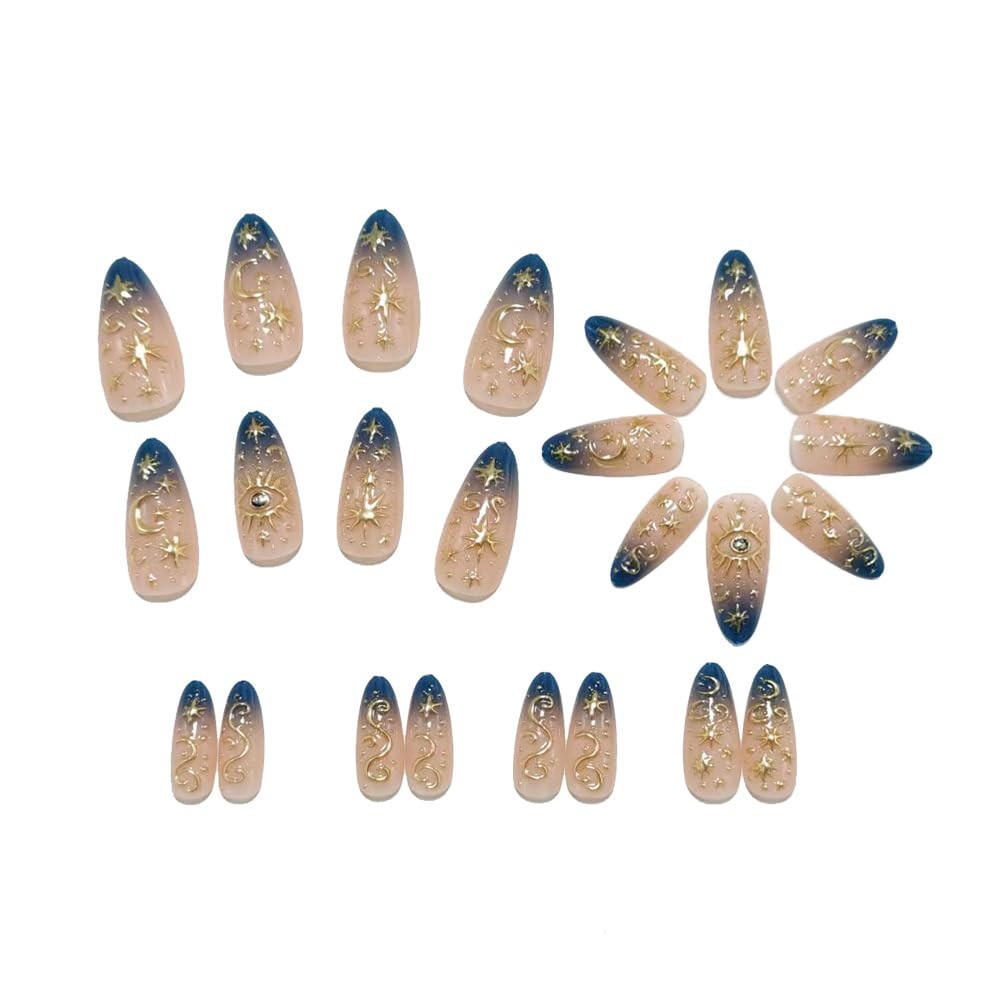 Gold Star Press on Nails Medium Almond Fake Nails Blue Ombre False Nails with 3D