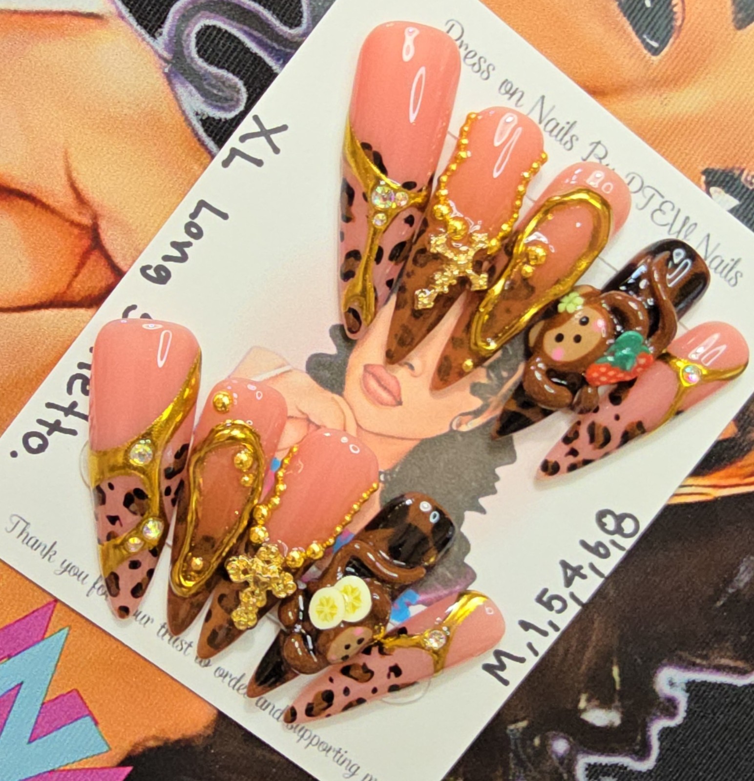 Handmade Gel Press On Nails,Naughty Monkey, Medium Size 1,5,4,6,8 XL Long Stilet