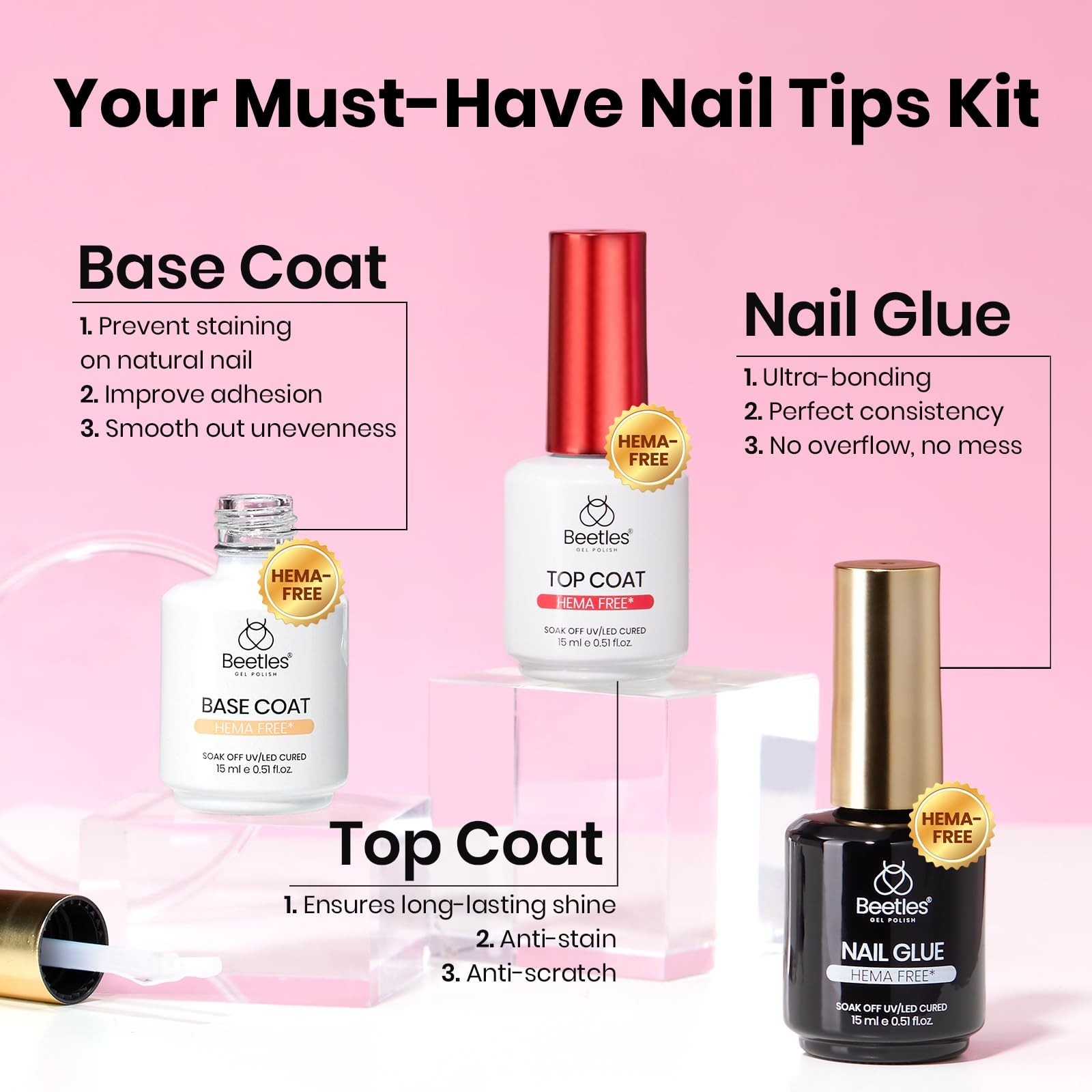288pcs Short Square Nail Tips Kit – HEMA-Free Glue, Base & Top Coat, DIY Nail Ar