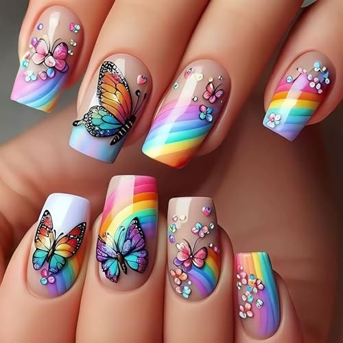 24Pcs Butterfly Press on Nails Medium Coffin Fake Nails Cute Little Spring