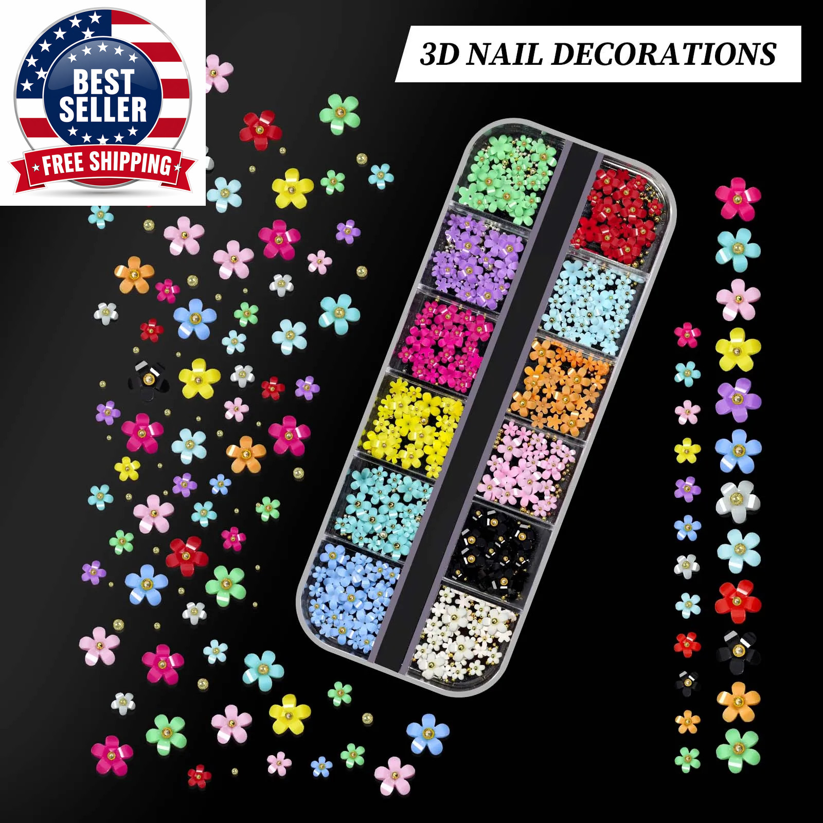 12 Grids/Box Nail Art Rhinestones 3D Color Resin Cute Flowers with Caviar Decora