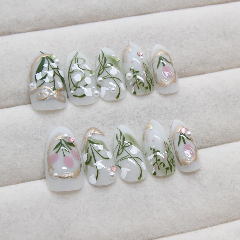 Mkwntg 24Pcs Green Flower Press on Nails Medium Almond Medium, Multicolor